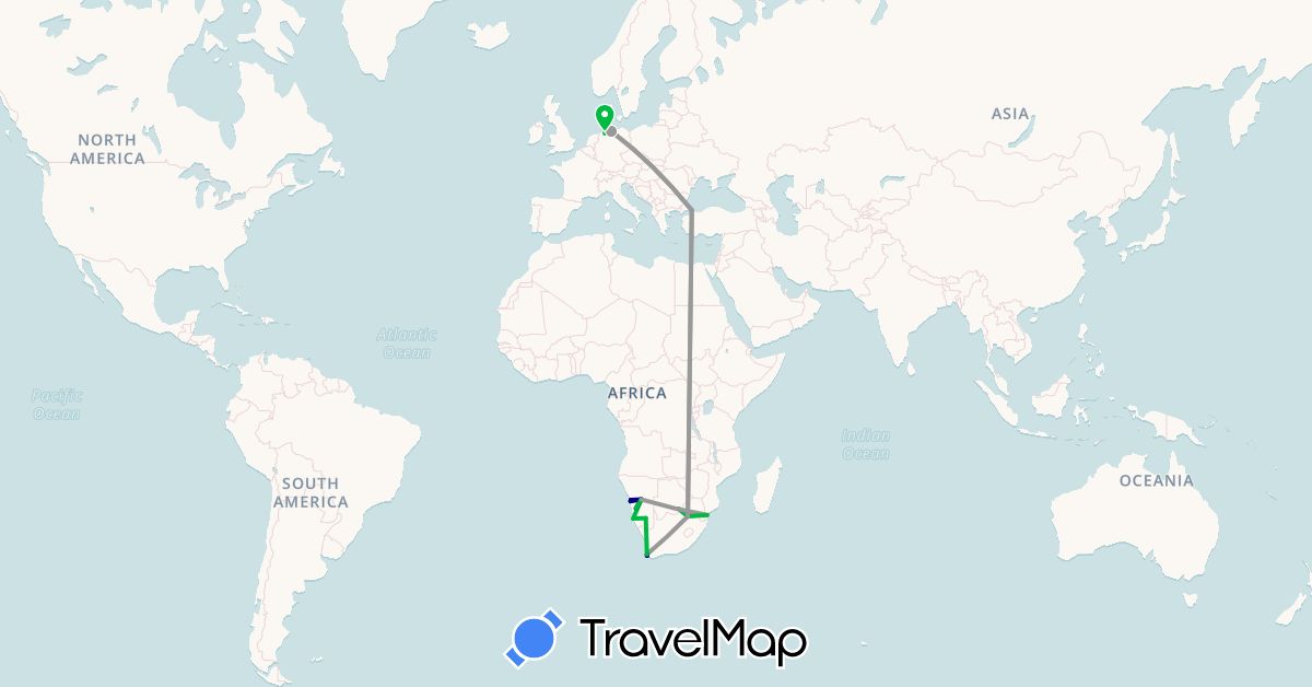 TravelMap itinerary: driving, bus, plane in Botswana, Germany, Mozambique, Namibia, Turkey, South Africa (Africa, Asia, Europe)